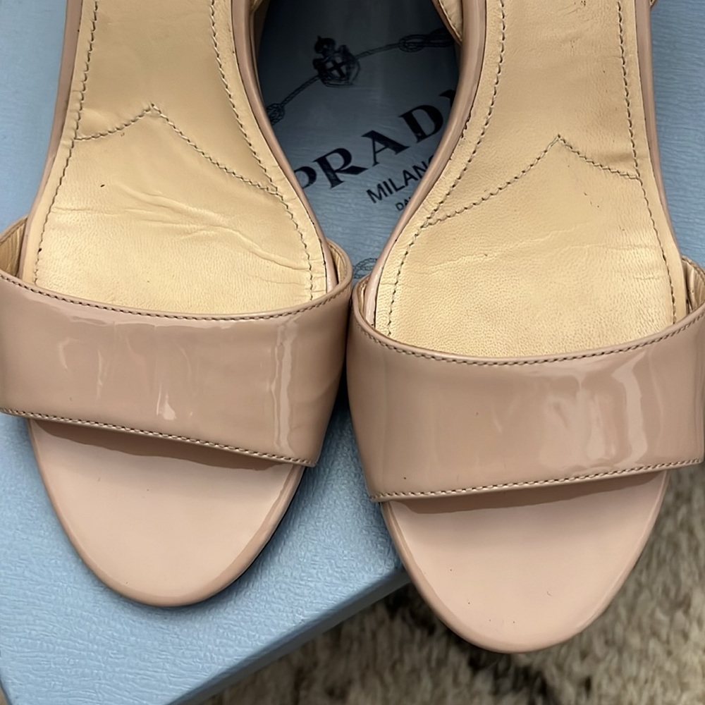 Prada Basic Slingback Wedge Sandal Beige Patent 3… - image 5